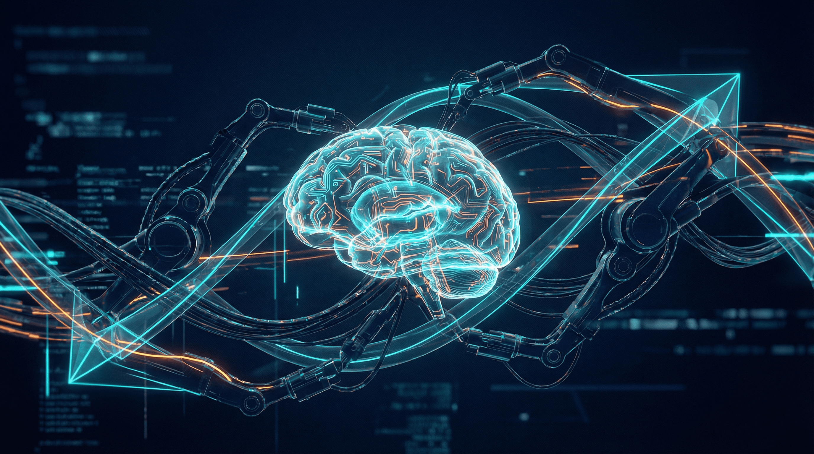 A glowing intricate digital harness or mechanical framework enveloping a glowing AI brain