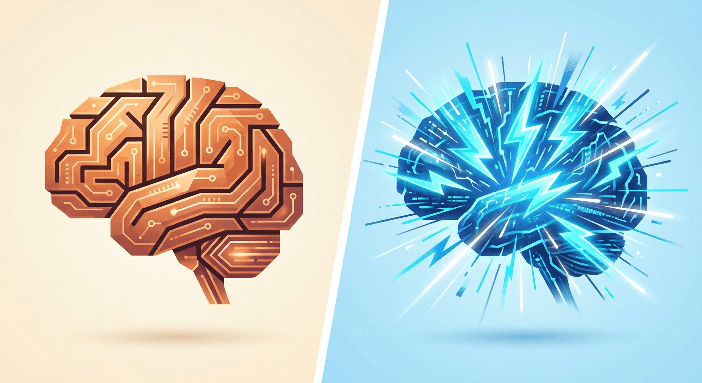 A split screen abstract tech illustration: on the left, an orange geometric brain structure with careful measured pathways; on the right, a bright blue energetic brain structure with lightning fast data streams, modern minimal vector art style, no text